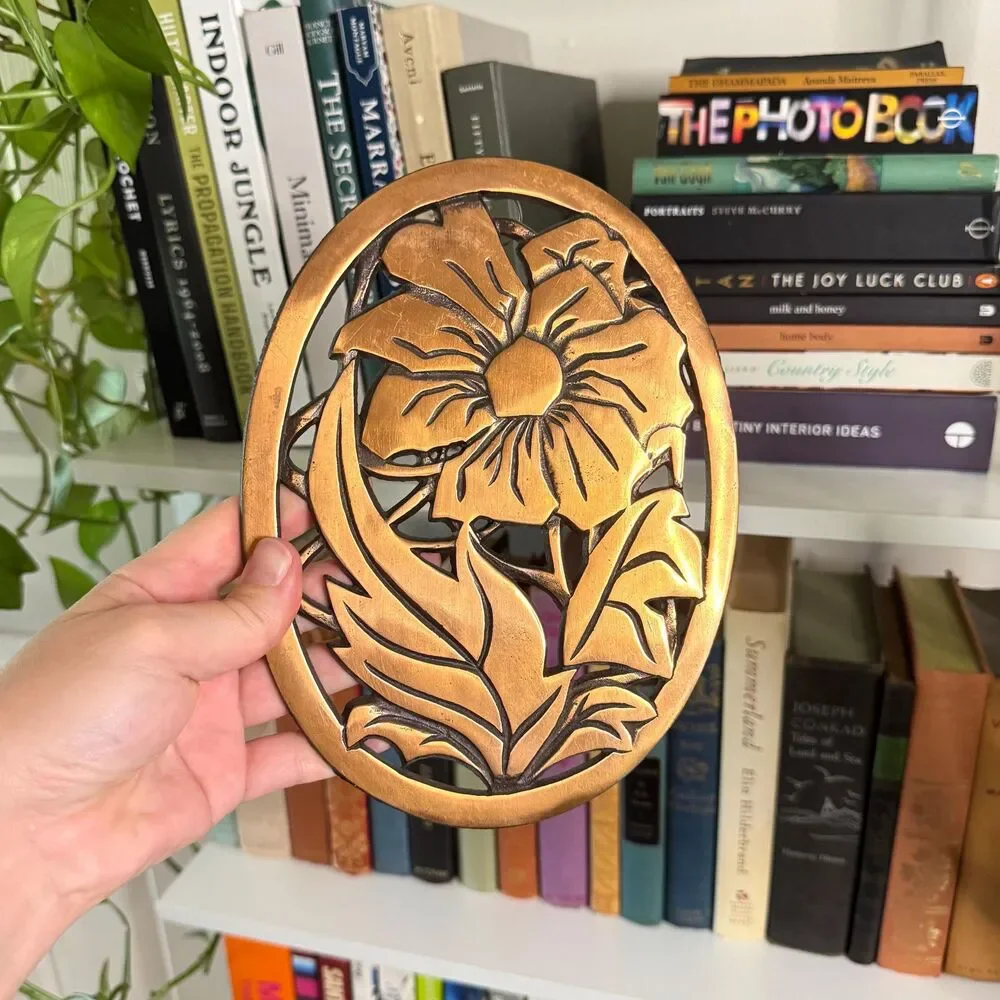 Vintage 80’s Floral Cast Iron Trivet Wall Hanging / Copper Brushed Finish